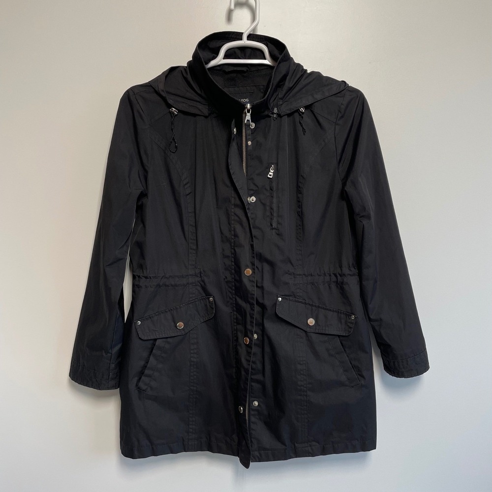 London Fog Black Hooded Trench Coat Large Utility Jacket AS-IS Repair READ‎